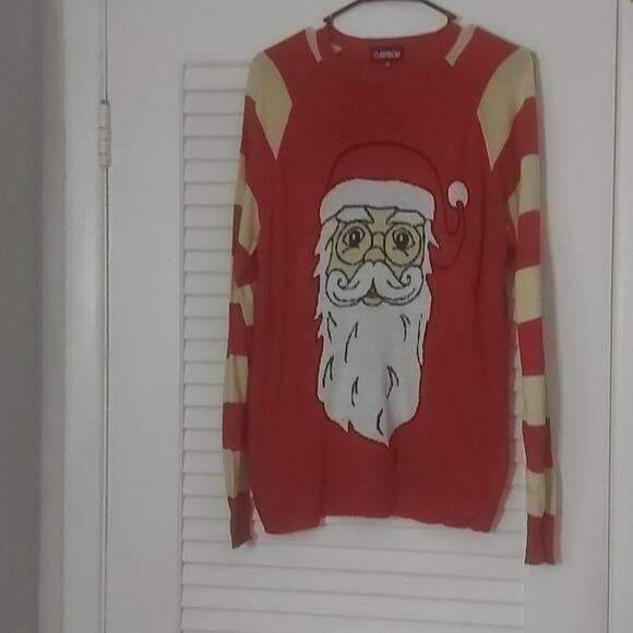 Carbon Christmas Santa Striped Red/Tan Sweater M Holiday Ugly Winter Party Cozy - Picture 3 of 10